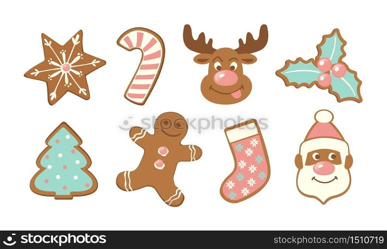 Set of cute gingerbread cookies for christmas. Isolated on white background Vector illustration.. Set of cute gingerbread cookies for christmas. Isolated on white background. Vector illustration.