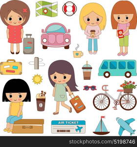 Set of cute girls on a travel. Vector illustration