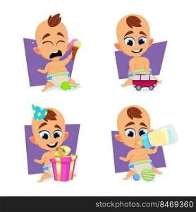 Set of cute hand-drawn babies crying over melted ice cream, playing with car, sitting at gift box, drinking from bottle