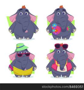 Set of cute hand-drawn cartoon elephants smiling, holding bouquet, wearing sunglasses and cap, waistcoat and chain