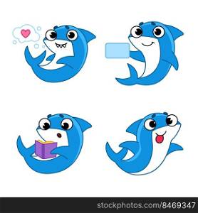 Set of cute hand-drawn cartoon sharks feeling love, holding smartphone, reading book, sticking tongue