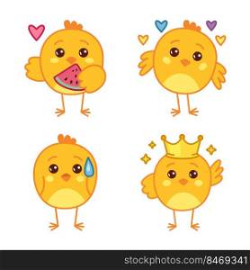 Set of cute hand-drawn chicks eating watermelon, feeling love, confused, wearing crown