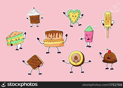 Set of cute hand drawn dancing sweets stickers