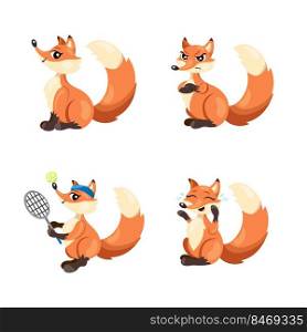 Set of cute hand-drawn foxes smiling, getting angry, playing badminton, laughing tears