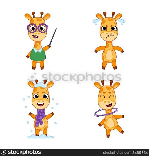 Set of cute hand-drawn giraffes holding pointer stick, getting angry, playing with snow, swirling hula hoop on neck