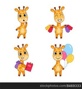 Set of cute hand-drawn giraffes standing surprised, shopping, carrying backpack, holding balloons
