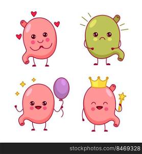 Set of cute hand-drawn human stomachs feeling love, ill, holding balloon, wearing crown