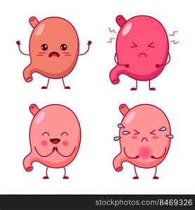 Set of cute hand-drawn human stomachs with confused, angry, happy, sad expressions