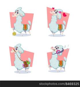Set of cute hand-drawn lamas playing ball, feeling love, carrying bags, listening to music