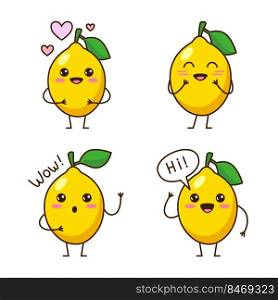 Set of cute hand-drawn lemons feeling love, smiling, surprising, greeting