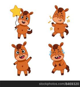 Set of cute hand-drawn little bulls holding star balloon, dancing, waving, laughing tears