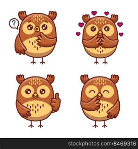 Set of cute hand-drawn little owls asking questions, feeling love, showing thumb up, laughing