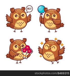 Set of cute hand-drawn little owls saying hi, holding balloon, flower bouquet, flying with joy