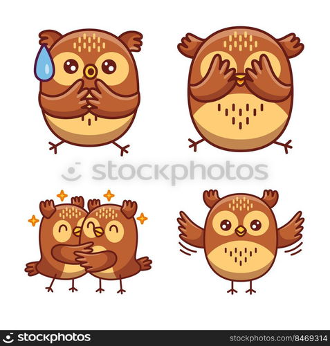 Set of cute hand-drawn little owls with embarrassed expression, covering eyes, hugging, flying