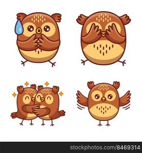 Set of cute hand-drawn little owls with embarrassed expression, covering eyes, hugging, flying