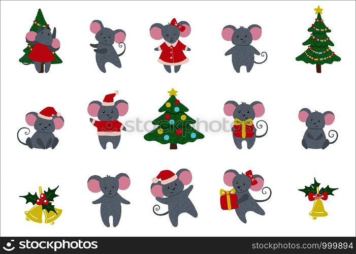 Set of cute hand drawn Mice and New Year symbols isolated on white background. Rat horoscope sign of Chinese year 2020. Vector illustration.. Set of cute hand drawn Mice and New Year symbols.