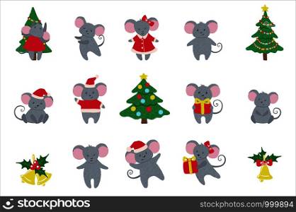 Set of cute hand drawn Mice and New Year symbols isolated on white background. Rat horoscope sign of Chinese year 2020. Vector illustration.. Set of cute hand drawn Mice and New Year symbols.