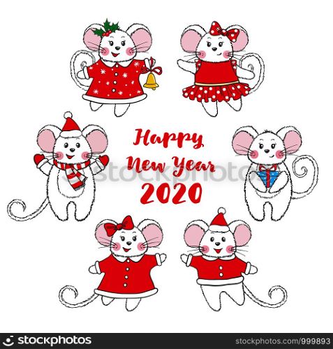 Set of cute hand drawn Mice isolated on white background. Rat horoscope sign of Chinese year 2020. Vector illustration.. Set of cute hand drawn Mice isolated on white background.