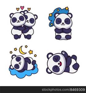 Set of cute hand-drawn pandas hugging, sleeping, lying on cloud, playing