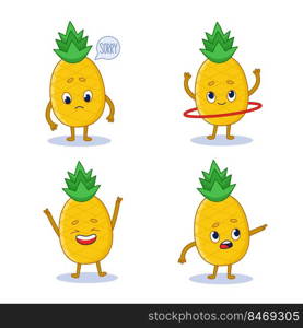 Set of cute hand-drawn pineapple characters feeling sorry, swirling hula hoop, laughing, showing direction