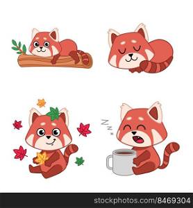 Set of cute hand-drawn red pandas lying on tree, sleeping, holding leaf, drinking coffee
