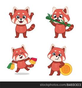 Set of cute hand-drawn red pandas raising hands, crunching bamboo, shopping, standing at coin