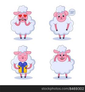 Set of cute hand-drawn sheep feeling love, sorry, holding gift box, covering eyes