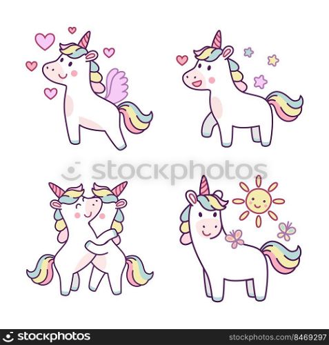 Set of cute hand-drawn unicorns feeling love, embracing, walking with butterflies