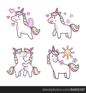 Set of cute hand-drawn unicorns feeling love, embracing, walking with butterflies