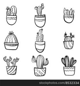 Set of Cute hand drawn vector cactuses in the pots. Simplere vector hand drawn illustration. Home plants