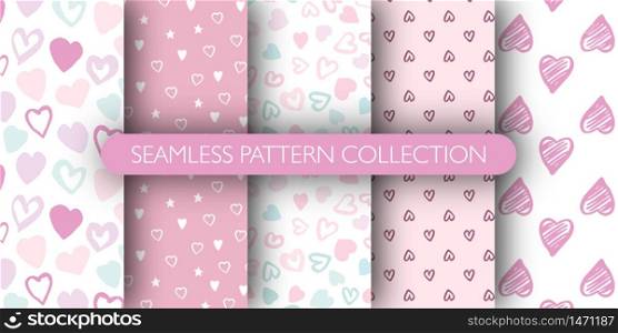 Set of cute hearts shapes seamless pattern. Doodle valentine heart wallpaper. Endless romantic print. Design for fabric, textile print, wrapping paper, cover. Childish vector illustration.. Set of cute hearts shapes seamless pattern. Doodle valentine heart wallpaper. Endless romantic print.