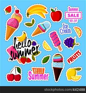 Set of cute ice cream and fruits in the form of a retro patches sticker banana and berry, label of apple and cherry, vector illustration. Set of cute ice cream and fruits in the form of a retro patches