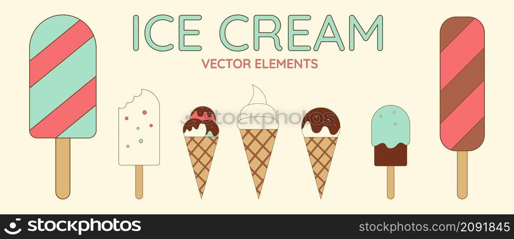 Set of cute ice cream in retro style. Vector embroidery patch fabric, vector illustration. Design element.. Set of cute ice cream in retro style. Vector embroidery patch fabric, vector illustration.