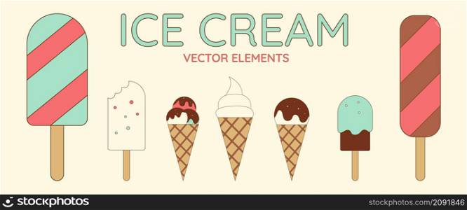 Set of cute ice cream in retro style. Vector embroidery patch fabric, vector illustration. Design element.. Set of cute ice cream in retro style. Vector embroidery patch fabric, vector illustration.