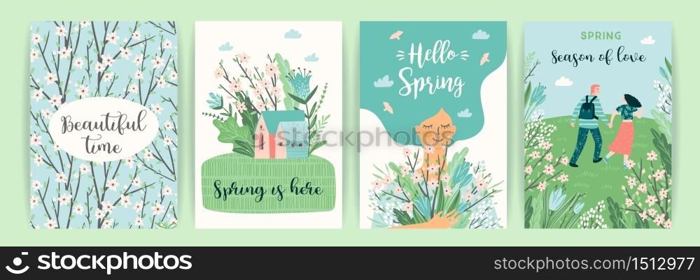 Set of cute illustrations with people and spring nature. Vectir design for poster, card, invitation, placard, brochure, flyer and other. Set of cute illustrations with people and spring nature.