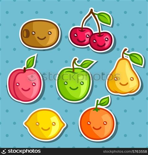 Set of cute kawaii smiling fruits stickers.. Set of cute kawaii smiling fruits stickers