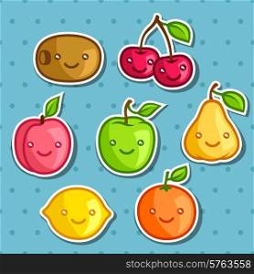 Set of cute kawaii smiling fruits stickers.. Set of cute kawaii smiling fruits stickers