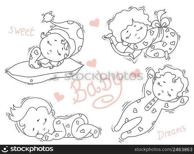 Set of cute little babies sleeping sweetly in different poses. Kids collection sweet dream. Vector. Decorative illustrations. Outline. Isolated on white. Childrens design, cards, decorations and decor