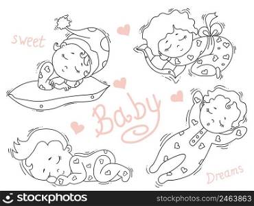 Set of cute little babies sleeping sweetly in different poses. Kids collection sweet dream. Vector. Decorative illustrations. Outline. Isolated on white. Childrens design, cards, decorations and decor