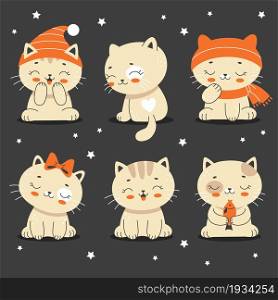Set of Cute little cats in cartoon flat style. Home pet, kitten. Vector illustration for nursery, print on textiles, cards, clothes.
