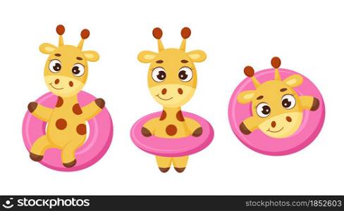 Set of cute little giraffe floats on pink circle. Funny cartoon character for print, cards, baby shower, invitation, wallpapers, decor. Bright colored childish stock vector illustration