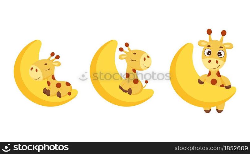 Set of cute little giraffe on moon. Funny cartoon character collection for print, cards, baby shower, invitation, wallpapers, decor. Stock vector illustration.