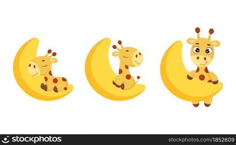Set of cute little giraffe on moon. Funny cartoon character collection for print, cards, baby shower, invitation, wallpapers, decor. Stock vector illustration.