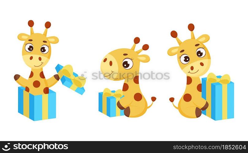Set of cute little giraffe sitting with gift box. Funny cartoon character for print, cards, baby shower, invitation, wallpapers, decor. Bright colored childish stock vector illustration