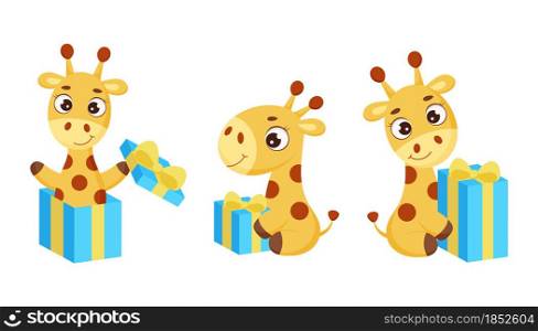 Set of cute little giraffe sitting with gift box. Funny cartoon character for print, cards, baby shower, invitation, wallpapers, decor. Bright colored childish stock vector illustration