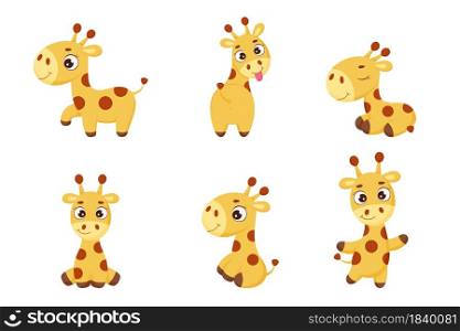 Set of cute little giraffe with different poses. Funny cartoon character for print, cards, baby shower, invitation, wallpapers, decor. Bright colored childish stock vector illustration