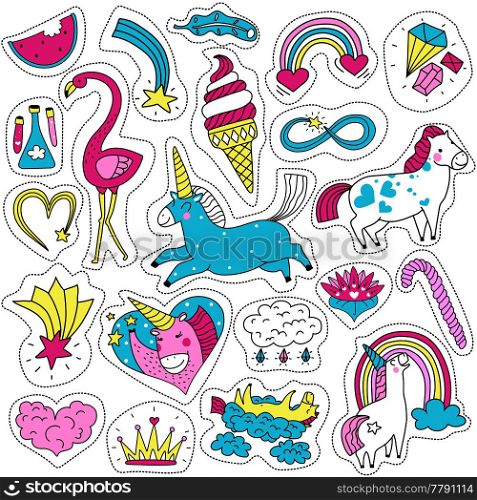 Set of cute magic fashion patches with unicorn rainbow rose star cloud magic wand hand drawn vector illustration . Cute Magic Patches Set