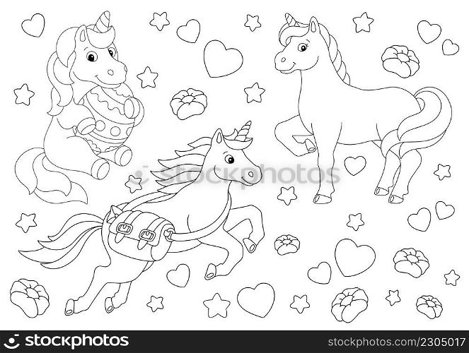 Set of cute magical unicorns. Coloring book page for kids. Cartoon style character. Vector illustration isolated on white background.