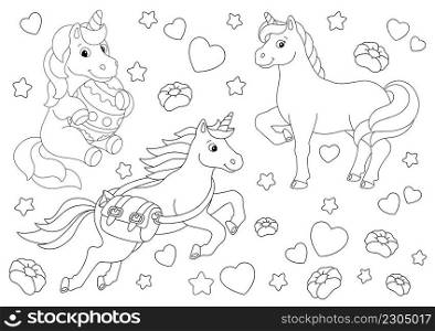 Set of cute magical unicorns. Coloring book page for kids. Cartoon style character. Vector illustration isolated on white background.