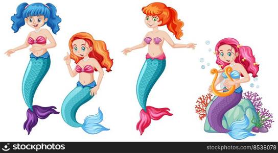 Set of cute mermaids cartoon character cartoon style on white background